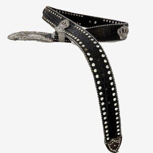 Western Rhinestone Crown Leather Belt Women’s Small 34”  Silver Buckle  Cowgirl